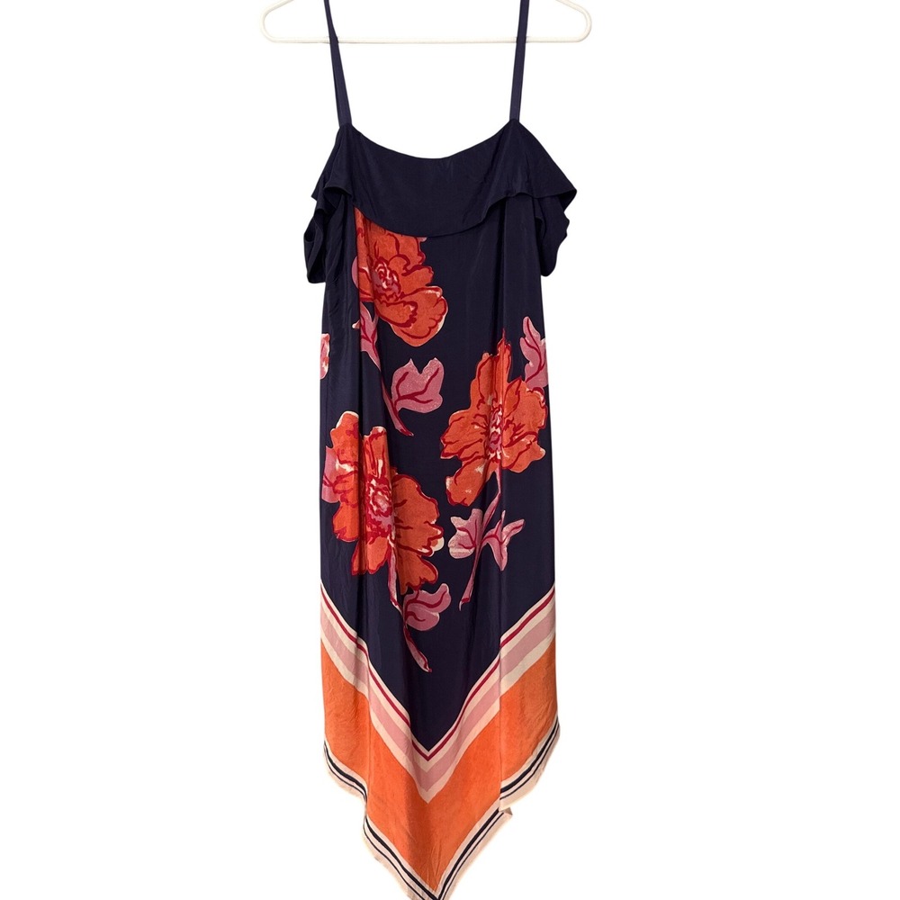 Moulinette Soeurs Anthropologie Silk Floral Handkerchief Hem Midi Dress Navy M